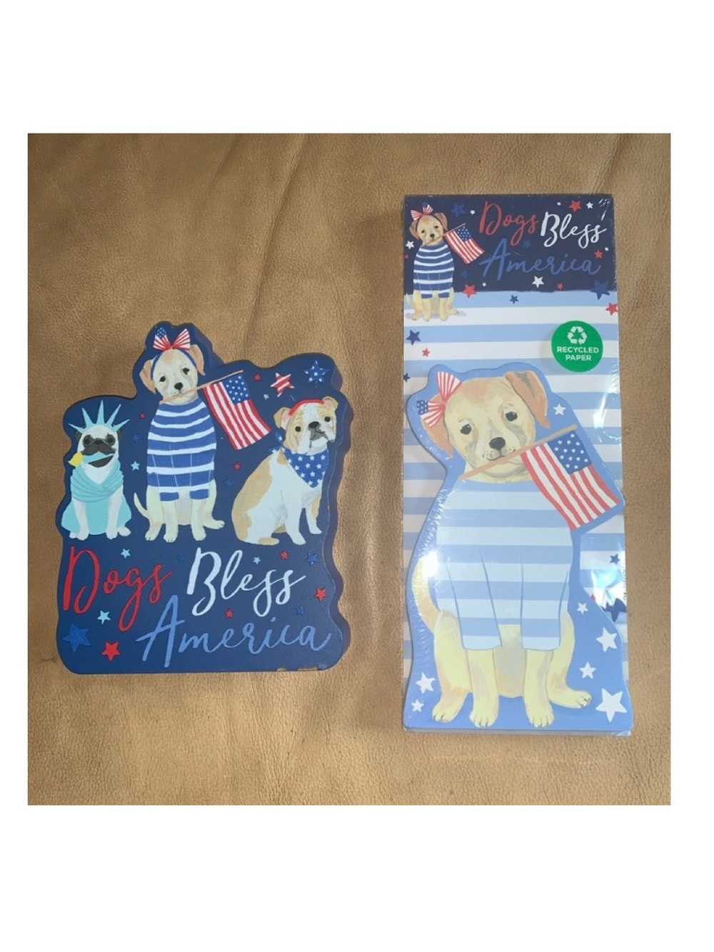 🇺🇸🎆 July 4th Patriotic Dog Bless America Tabletop Sign & Matching 2 Notepads NEW